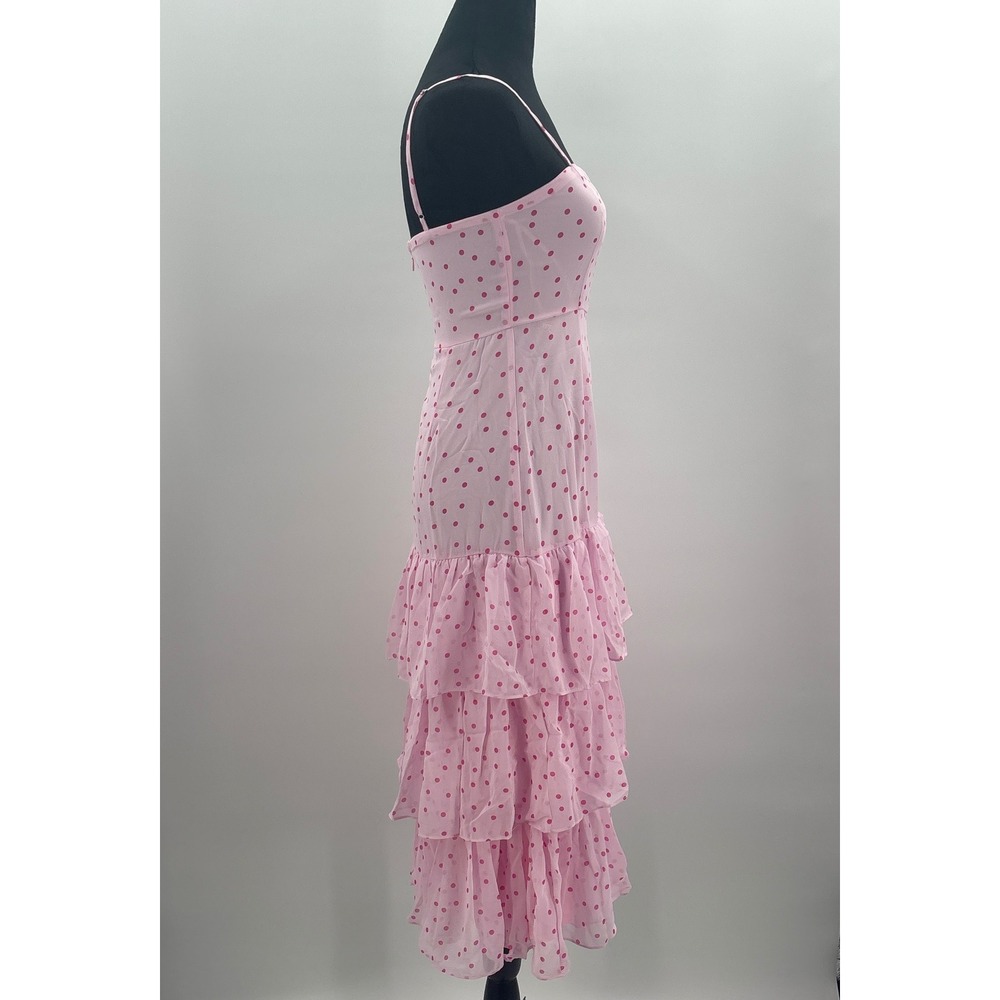Lulus Nellie Pink Polka Dot Tiered Midi Dress XS Square Neck Ruffle Side Slit - Picture 6 of 11